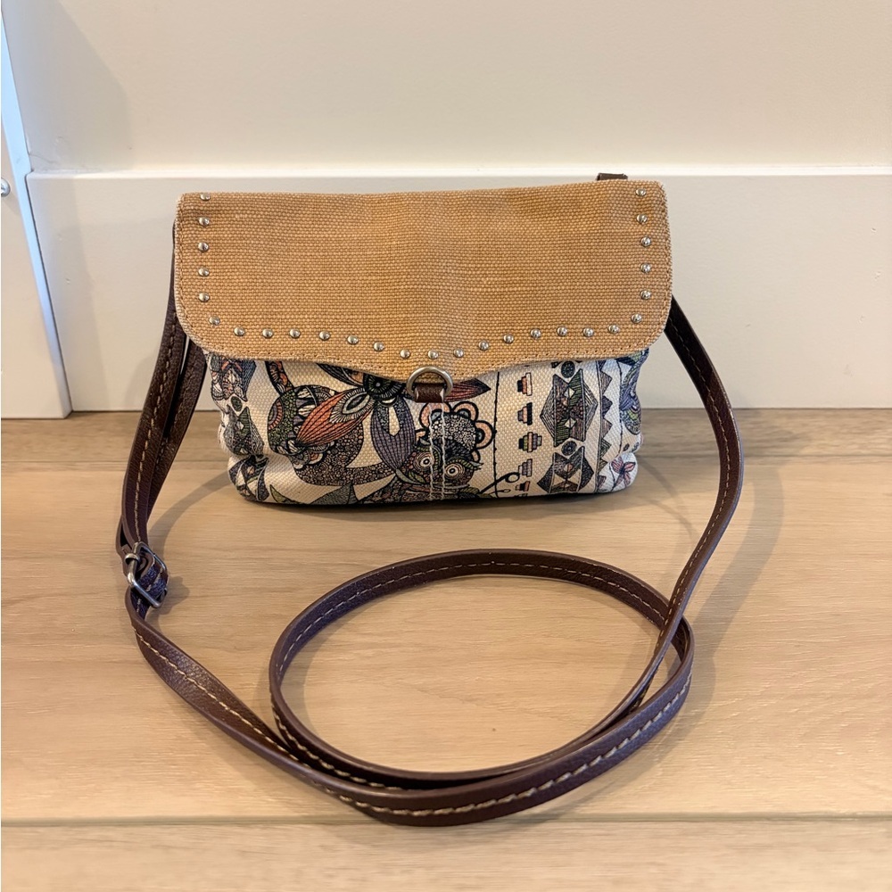 Sakroots Foldover Crossbody Bag Jute & Cotton Magnetic Closure Vegan Trim EUC